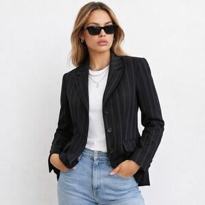 Classiques Entier Black and White Striped Structured Wool Preppy Blazer Sz 8